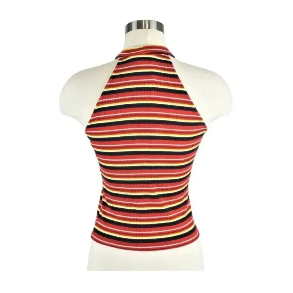 Halter Top Cropped Sleeveless Ribbed Knit Pullover Striped Orange Juniors LG